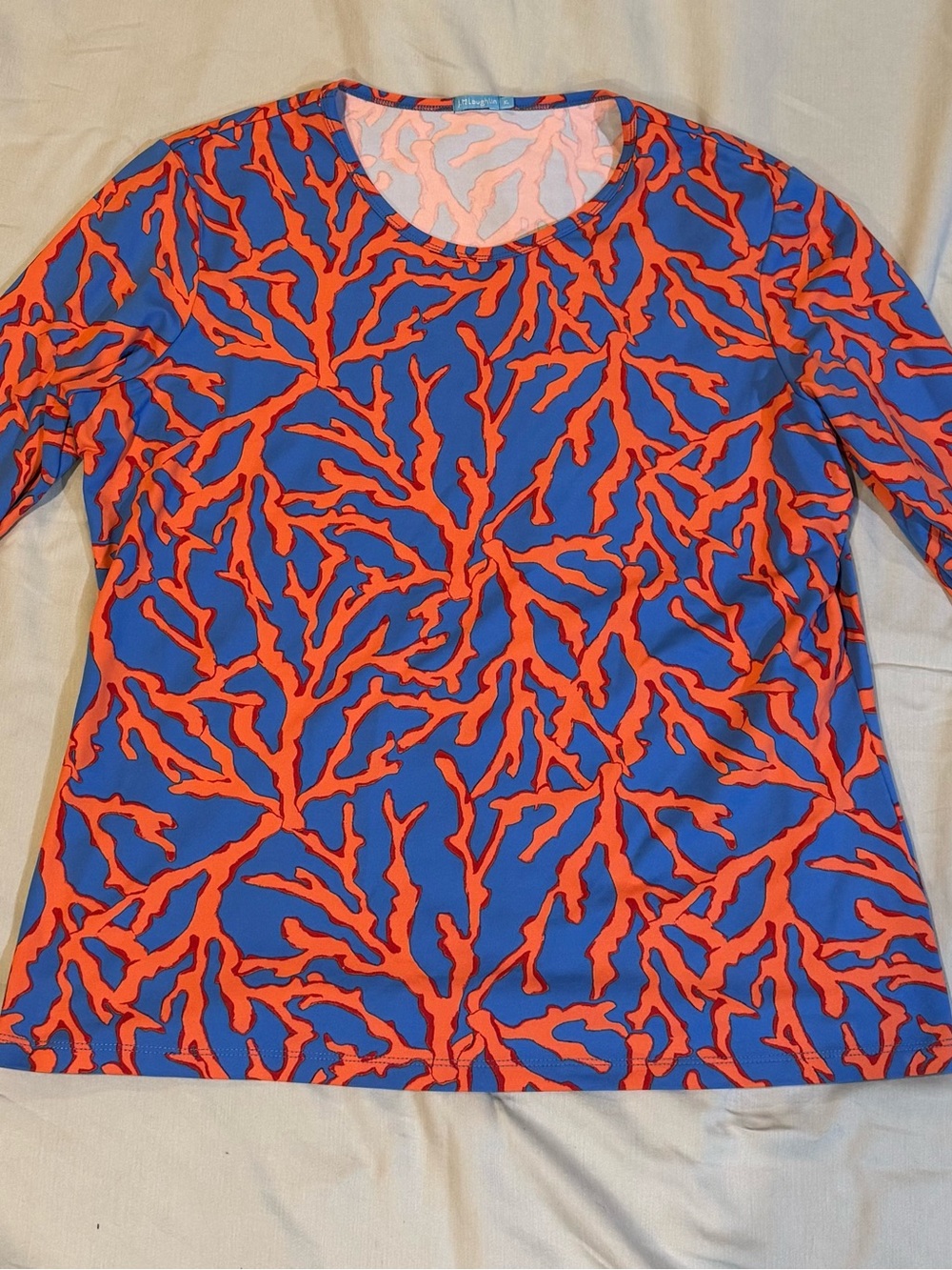 J. McLaughlin Blue and Orange Printed Long Sleeve Scoop Neck Top